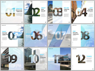Minimal brochure templates with numbers. Easy to edit and customize. Covers design templates for square flyer, leaflet, brochure, report, presentation, advertising, magazine.