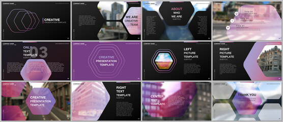 Minimal presentations design, portfolio vector templates with hexagonal design pink color pattern background. Multipurpose template for presentation slide, flyer leaflet, brochure cover, report. - obrazy, fototapety, plakaty