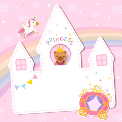 Baby shower card  with princess bear on castle frame and pink pastel 