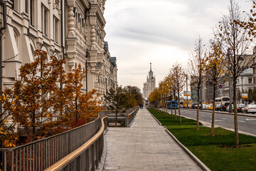 Moscow street at fall time, autumn in the city.