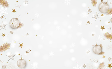 White Christmas Background with space for text.Merry Xmas and Happy 2020 New Year greeting card.Christmas balls, snowflakes,gold fir brunches,confetti, 3d stars.Top view vector composition.