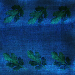 Oak leaves on blue watercolor background. Ornate, card, frame.