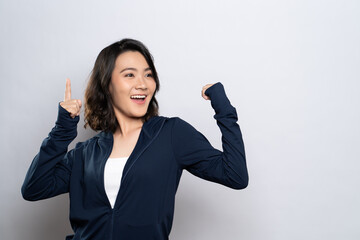 Portrait of a healthy woman present the copy space isolated over white background
