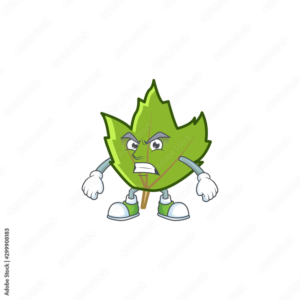 Sticker cartoon green autumn leaves design mascot annoyed.