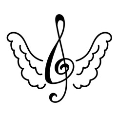 Black treble clef with wings. Vector illustration.