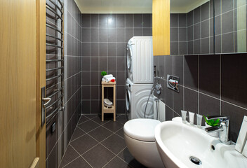Sink, toilet, washing machine. Modern interior of bathroom.