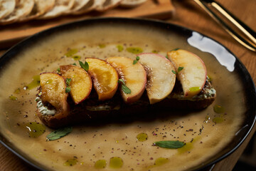 Assorted food set on wooden table. Luxury restaurant food
