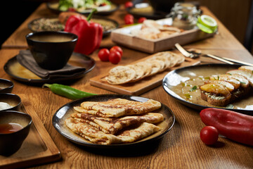 Assorted food set on wooden table. Luxury restaurant food