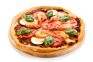 Pizza with shrimps on white background