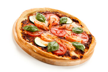 Pizza with shrimps on white background