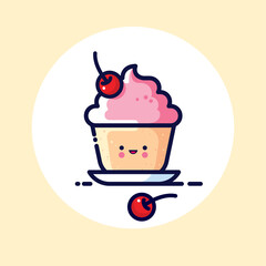 Muffin with whipped cream with cherry syrup, and whole cherries. Yummy dessert Icon. Cute kawaii illustration. Japanese style. 