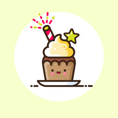 Festive cupcake with whipped cream, sweet caramel star, and festive sparkler. Yummy dessert Icon. Cute kawaii illustration. Japanese style. 