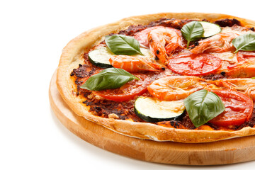 Pizza with shrimps on white background