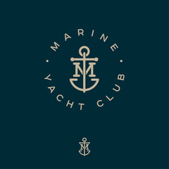 M monogram. Marine logotype. Logo of yacht club, maritime emblem. Crossed letter M and anchor into a circle. © Nataly