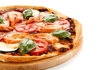 Pizza with shrimps on white background