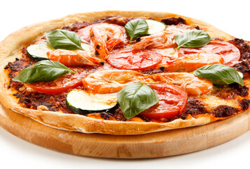 Pizza with shrimps on white background