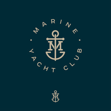 M monogram. Marine logotype. Logo of yacht club, maritime emblem. Crossed letter M and anchor into a circle.