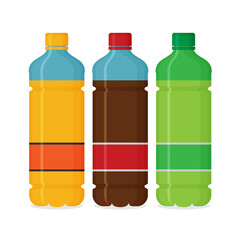 Plastic beverage bottles icon set. Bottled cold drinks flat vector illustration.