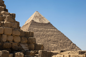 Fototapeta na wymiar Pyramid of Khafre (also read as Khafra, Khefren) or of Chephren is the second-tallest and second-largest of the Ancient Egyptian Pyramids of Giza