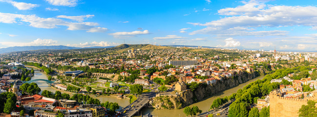 Panoramic view of Tbilisi city from the Narikala Fortress, old town and modern architecture....
