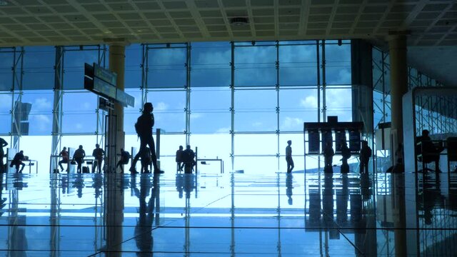 International airport with business people pulling trolley bags arriving and departing terminal tourists travelling and walking in lobby with big windows and blue sky 4k footage