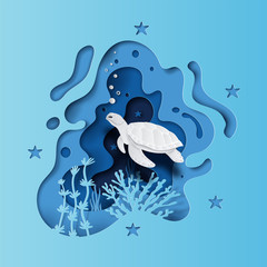 World oceans day concept, turtle underwater with many beautiful coral, help to protect animal and environment, paper art and craft style, flat-style vector illustration.