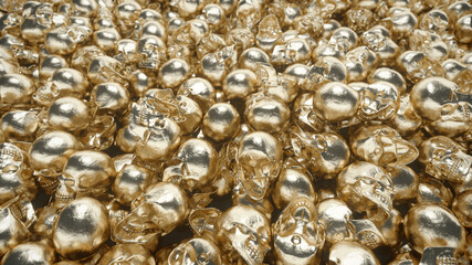A bunch of golden skulls lie on top of each other. The concept of greed. 3d illustration