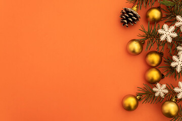  Decoration for Christmas and New Year Greeting Card. Six Yellow Decorative Balls, Pine Cone, Pine Branches and Snowflakes. Copy Space on The Left Side