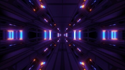 Fototapeta na wymiar dark clean futuristic scifi space hangar tunnel corridor with cool reflecting lights 3d illustration background wallpaper design