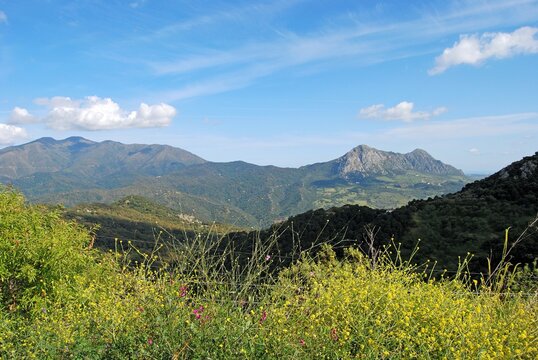 Elevated view of the countryside in the Springtime with views towards the Sierra Bermeja mountains between Gaucin and Casares, Spain.