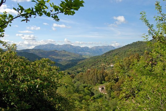 Elevated view of the countryside in the Springtime with views towards the Sierra Bermeja mountains between Gaucin and Casares, Spain.