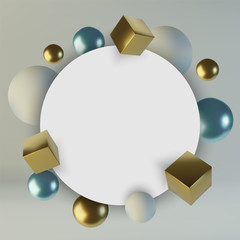 Realistic spheres and cubes. Abstract background of primitive geometric figures. Design element of 3d golden and blue ball and box. Vector illustration
