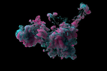 Pink Blue Color Burst - colorful smoke powder explosion fluid ink particles slow motion. 3d illustration on black isolated background