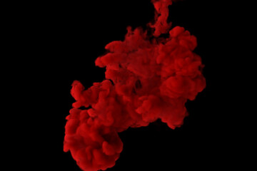 Red ink burst in slow motion on isolated black background. 3d illustration
