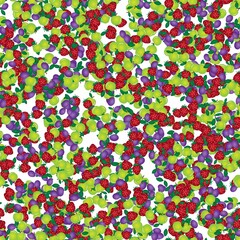 fruits pattern of strawberry, apple, plums on white background
