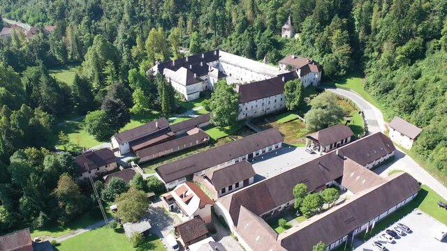 Aerial view of medieval Bistra castle in green park, Ljubljana, Slovenia