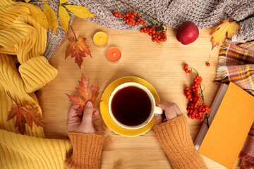 female hands holding a cup of hot tea or coffee, flat in the Scandinavian hugg style, with yellow leaves, cozy knitwear, candles and berries, a blank for the designer, invitation, copy space