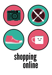 Shopping Online typographic poster design. Shopping center or mall information vector sign set. Flat information circle icons. Vector illustration.