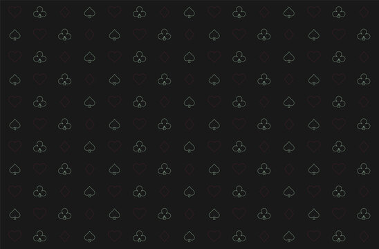 Casino background. Dark black vector background with cards signs. Symbols of playing cards. Design for gambling business or casino. Casino pattern for leaflets of poker games, events.