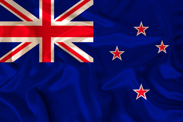 photo of the New Zealand state national flag on a luxurious texture of satin, silk with waves, folds and highlights, close-up, copy space, illustration