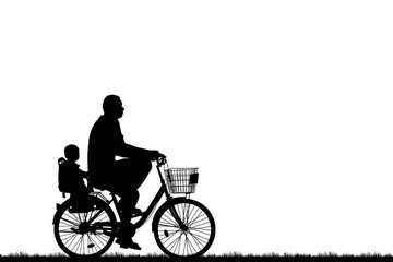 silhouette father and son ride bike on white background