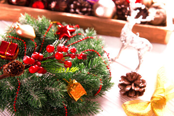 Christmas wreath, pine cone, deer and other decorations