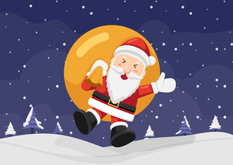 Happy Santa Claus holding sack and jumping on the snow