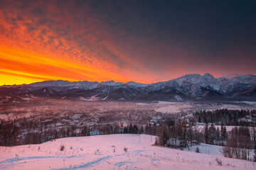 WInter landscape of Tatra Mountains in Poland Zakopane snow ski season - obrazy, fototapety, plakaty
