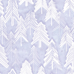 Seamless pattern with fir trees. Watercolor background.