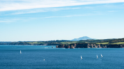 Obraz premium Viewpoint from Hondarribia over the ocean and the mountains. Basque country of Spain.