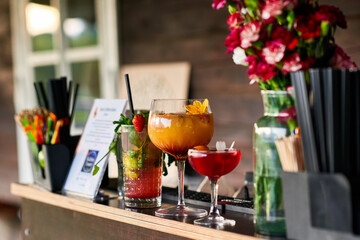 Colored alcohol cocktail table.