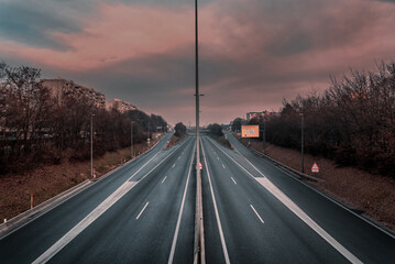 Cataclysm like empty highway ring road in Ljubljana, Slovenia. Quarantine for all citizen and tourists during Corona virus outbreak - obrazy, fototapety, plakaty