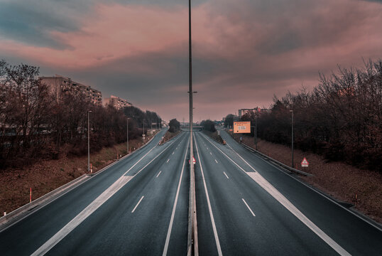 Cataclysm Like Empty Highway Ring Road In Ljubljana, Slovenia. Quarantine For All Citizen And Tourists During Corona Virus Outbreak