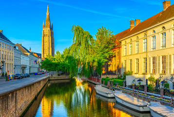 Fototapeta na wymiar View of the historic city center of Bruges (Brugge), West Flanders province, Belgium. Cityscape of Bruges.